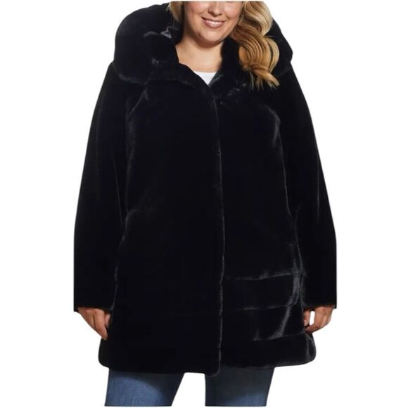 GALLERY Hooded Faux Fur Coat Black Size 1X - Picture 11 of 11